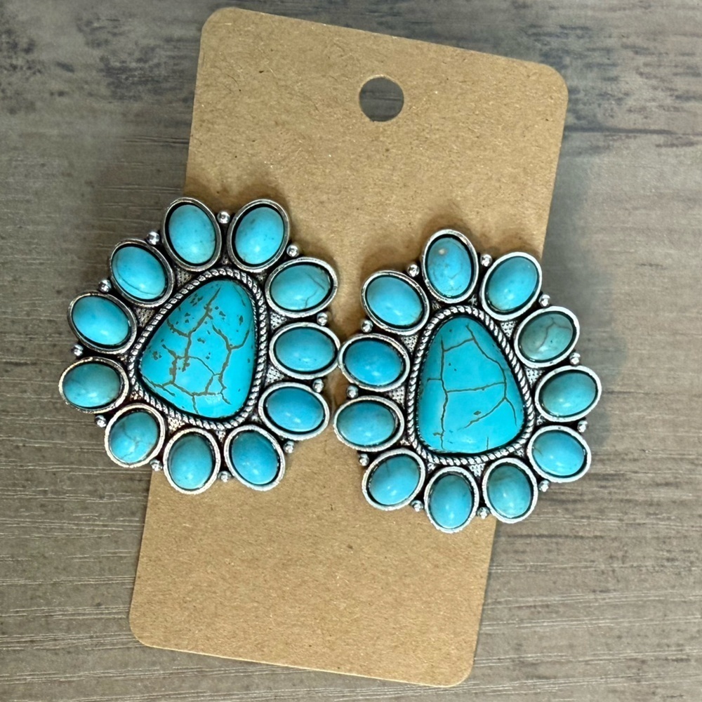 Turquoise Howlite & Silver Floral Statement Earrings - Studs